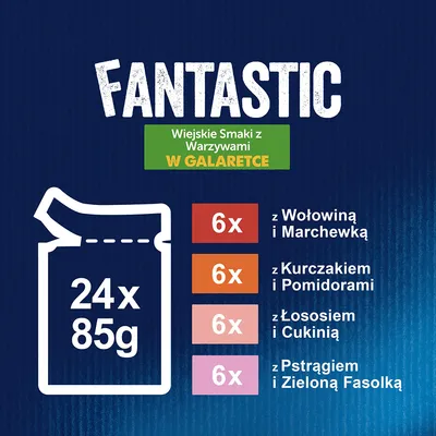 Fantastic Wiejskie Smaki z Warzywami w Galaretce, 24 x 85 g: 6x wołowina i marchewka, 6x kurczak i pomidory, 6x łosoś i cukinia, 6x pstrąg i zielona fasolka