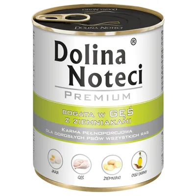 Dolina Noteci Premium. Reich an Gans mit Kartoffeln. Vollwertiges Futter für erwachsene Hunde aller Rassen. Zutaten: Ei, Gans, Kartoffeln, Leinöl.