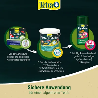 Anleitung mit Tetra Test 7in1, WaterStabiliser und AlgoRem: Wasserwerte prüfen, Karbonathärte erhöhen und pH-Wert stabilisieren, dann Schwebealgen bekämpfen. Sichere Anwendung für algenfreien Teich. Anleitung mit Tetra Test 7in1, WaterStabiliser und AlgoRem: Wasserwerte prüfen, Karbonathärte erhöhen und pH-Wert stabilisieren, dann Schwebealgen bekämpfen. Sichere Anwendung für algenfreien Teich.