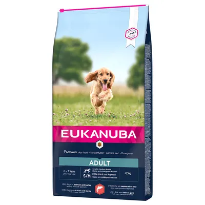 Sac hrană uscată pentru câini Eukanuba Adult, Small & Medium Breed, somon și orz, +1–7 ani, <25 kg. Text vizibil: Premium dry food, ADULT, S/M, Rich in salmon and barley.