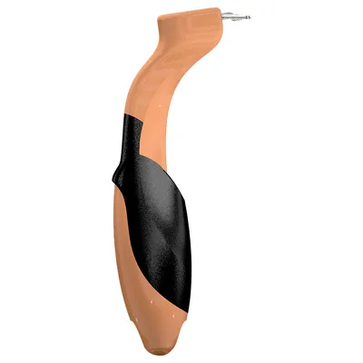 Ergonomisch geformtes orange-schwarzes Werkzeug mit gebogenem Griff und feiner Metallspitze, geeignet für präzise Arbeiten.