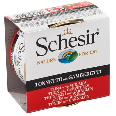 Schesir Nature for Cat, TONNETTO con GAMBERETTI. Консерва за котки с риба тон и скариди. Видими текстове на английски, италиански, френски, немски, испански и нидерландски.