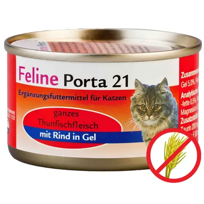 Konzerva Feline Porta 21 pre mačky, celé tuniakové mäso s hovädzím v géli, nemecký text, symbol bez obilnín, obrázok mačky na etikete.