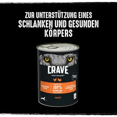 Crave Pastete, hergestellt mit 100% natürlichem Huhn und Truthahn, hochwertiges Protein, getreidefreie Rezeptur, unterstützt einen schlanken und gesunden Körper.