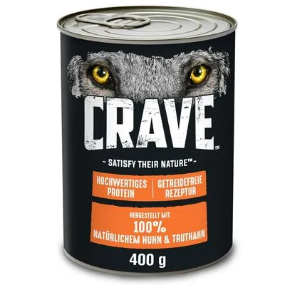 CRAVE natvoer blik 400 g, tekst: Satisfy Their Nature, Hochwertiges Protein, Getreidefreie Rezeptur, Hergestellt mit 100% natürlichem Huhn & Truthahn. Tekst deels in het Duits.