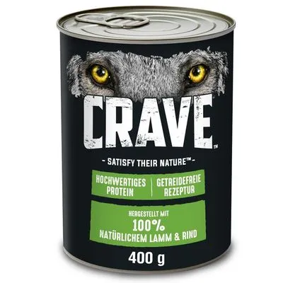 CRAVE natvoer 400 g, tekst: Satisfy Their Nature, Hochwertiges Protein, Getreidefreie Rezeptur, Hergestellt mit 100% natürlichem Lamm & Rind. Tekst deels in het Duits.