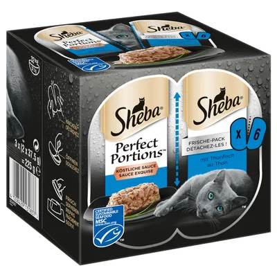 Sheba Perfect Portions lahodná omáčka s tuniakom, balenie x6, MSC certifikované udržateľné morské plody, celková hmotnosť 225g (3x2x37,5g).