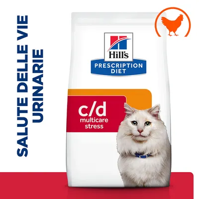 Hill's Prescription Diet c/d multicare stress, confezione con scritta 'SALUTE DELLE VIE URINARIE' e simbolo arancione di pollo in alto a destra.