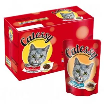 Catessy-kissanruoka, punainen pakkaus ja annospussi, kannessa harmaan kissan kuva ja teksti 'Ragout in Sauce 4 leckere Sorten'.