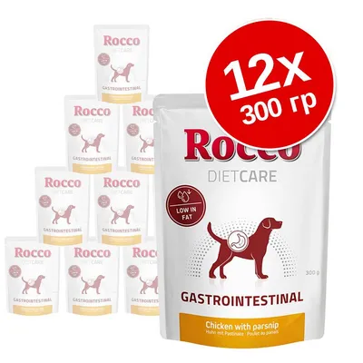 Упаковка Rocco Diet Care Gastrointestinal, 12×300 г. Видны надписи: Low in fat, Chicken with parsnip. На упаковке изображён силуэт собаки.