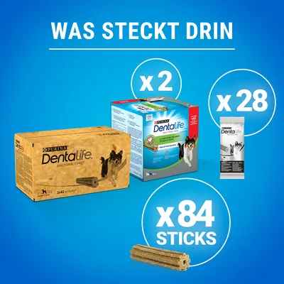 Purina Dentalife Daily Oral Care. Velikosti pakiranja: x2 škatli, x28 vrečk, x84 palčk. Besedilo: Kaj je notri.