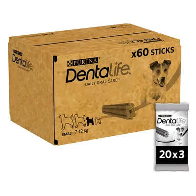 Purina Dentalife Daily Oral Care, balenie s 60 tyčinkami pre malé psy (7-12 kg), dentálny výrobok. Zobrazenie produktu a obalu.