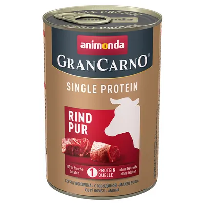 animonda GranCarno Single Protein Rind Pur - säilykepurkki. Teksti: 100 % frische Zutaten, 1 Proteinquelle, ohne Getreide, ohne Gluten. Kuvassa naudanlihaa ja lehmän siluetti.