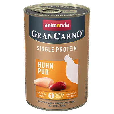 animonda GranCarno Single Protein Huhn Pur -kana, 100 % tuoreita ainesosia, 1 proteiinilähde, ilman viljaa ja gluteenia. Säilyketölkki, etiketissä kananlihan kuva.