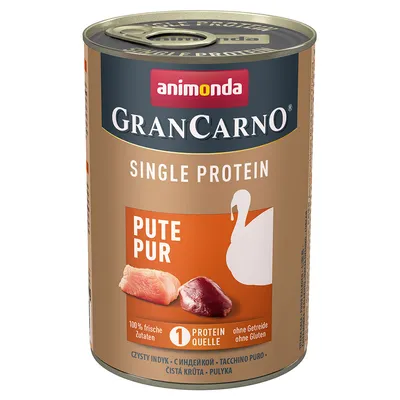 animonda GranCarno Single Protein Pute Pur -koiran märkäruokapurkki, 100 % tuoreita ainesosia, yksi proteiinilähde, viljaton ja gluteeniton. Kuvassa kalkkunanlihaa.