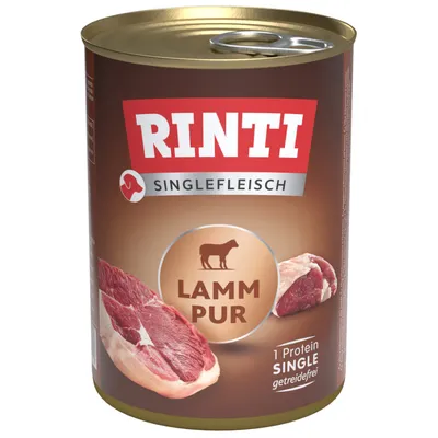Rinti Singlefleisch Lamm Pur, 1 Protein, getreidefrei. Abbildung von rohem Lammfleisch auf der Dose.