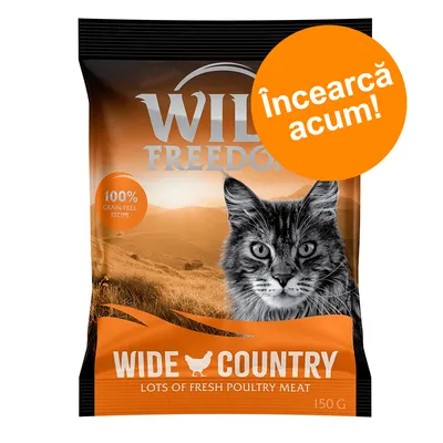 Pachet Wild Freedom Wide Country, 150 g, cu imagine de pisică, text: 100% grain-free recipe, lots of fresh poultry meat. Bulină portocalie: Încearcă acum!