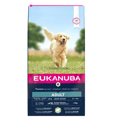 Eukanuba Adult Premium kuivaruoka suurille ja erittäin suurille roduille, runsaasti lampaanlihaa ja riisiä sekä kurkumaa. Sopii koirille 18 kk–6 v, painoluokat 25–40 kg ja yli 40 kg.