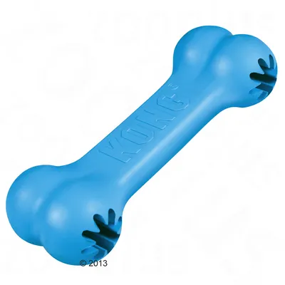 KONG blue dog toy in bone shape with openings at the ends, suitable for filling with snacks.