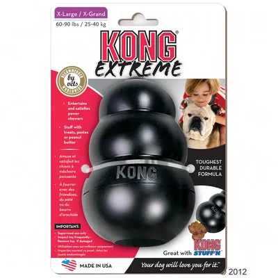 KONG Extreme X-Large 60–90 lbs/25–40 kg, sort hundelegetøj. Tekst: Toughest durable formula, entertains and satisfies power chewers, stuff with treats, pastes or peanut butter.