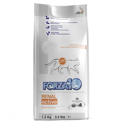 Forza10 Renal Active Feline Formula, crocchette per gatti, peso netto 1,5 kg, made in Italy, con sistema Active Fresh System. Testo in inglese su ingredienti e caratteristiche visibili.