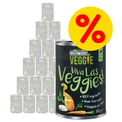 Greenwoods Veggie Viva Las Veggies 100% vegetarian, grain-free recipe, complete pet food, 375g. Discount symbol shown.