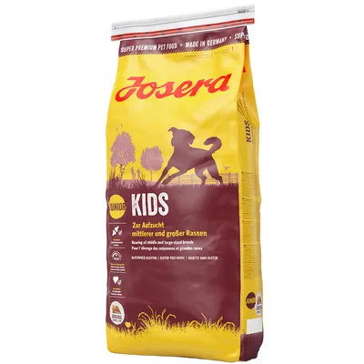 Sac Josera Kids Junior, texte visible : Zur Aufzucht mittlerer und großer Rassen, Pour l’élevage des moyennes et grandes races, recette sans gluten, made in Germany.