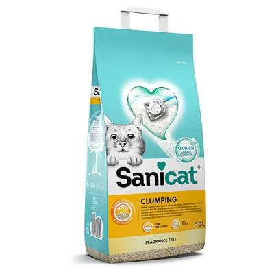 Sanicat hrudkující stelivo pro kočky, 10 l, kontrola zápachu s kyslíkem, snadno čistitelné, bezprašné, bez parfemace. Obal s kočkou a srdcem s lopatkou.