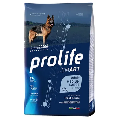Prolife Smart Adult Medium Large (11-44 kg), rico en trucha fresca y arroz, 77% proteína animal, sin gluten, ingredientes limitados, producto de Italia.