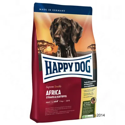 Hundfoderförpackning Happy Dog Supreme Sensible Africa Strauss & Kartoffel, Adult, 11 kg. Text: Made in Germany. Synlig hundbild och produktinformation på engelska och tyska.