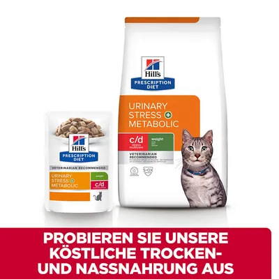 Hill's Prescription Diet Urinary Stress + Metabolic c/d pour chat, sachet et sac visibles. Texte allemand en bas : PROBIEREN SIE UNSERE KÖSTLICHE TROCKEN- UND NASSNAHRUNG AUS.