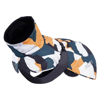 Rukka dog coat with camouflage pattern in orange, white and dark green. Adjustable chest strap and high collar visible.