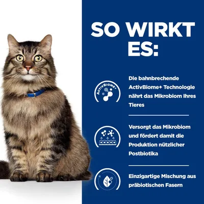 So wirkt es: ActivBiome+ Technologie nährt das Mikrobiom Ihres Tieres, fördert nützliche Postbiotika und enthält präbiotische Fasern.
