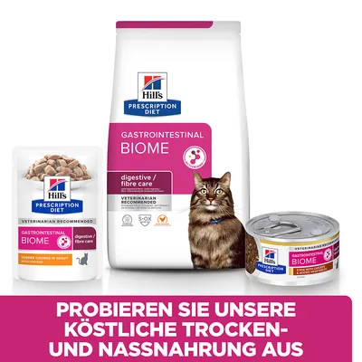 Hill's Prescription Diet Gastrointestinal Biome für Katzen. Trocken- und Nassnahrung, empfohlen von Tierärzten, mit Verdauungs- und Ballaststoffpflege.