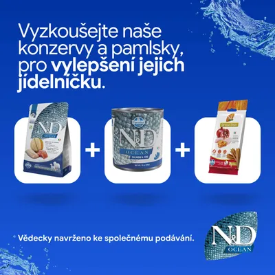 N&D Ocean suché krmivo, mokré krmivo a Dental Treats vedľa seba s textom: Vedecky vyvinuté na spoločné kŕmenie. N&D Ocean suché krmivo, mokré krmivo a Dental Treats vedľa seba s textom: Vedecky vyvinuté na spoločné kŕmenie.