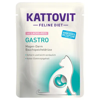 Kattovit Feline Diet Gastro with salmon and rice. Improved recipe, low fat and easily digestible, high electrolyte content. For stomach, intestines and pancreas.