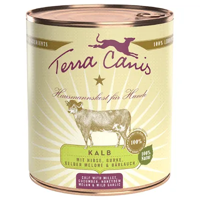 Terra Canis Hausmannskost para cães, vitela com milho-painço, pepino, melão amarelo e alho selvagem. Sem glúten, 100% natural, qualidade alimentar.