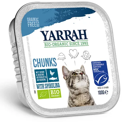 Yarrah bio-organic chunks with spirulina, grain free recipe, certified sustainable seafood MSC, 100g. Complete and nutritionally balanced cat food. Pure food, care for all animals.