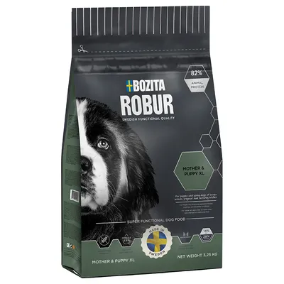 Bozita Robur Mother & Puppy XL tørfoder, 3,25 kg. 82 % animal protein, 14 % fedt, 28 % protein. Tekst: Swedish Functional Quality, Made in Sweden.