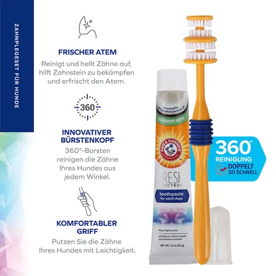 Tandvårdsset för hundar: fräsch andedräkt, innovativ borsthuvud med 360°-borst, bekvämt handtag. Innehåller Arm & Hammer Fresh Spectrum tandkräm Coconut Mint och hundtandborste.