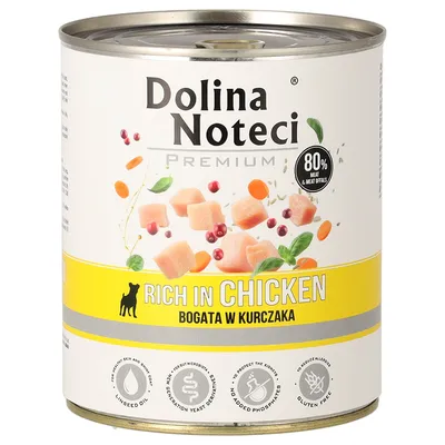 Dolina Noteci Premium Nassfutter, reich an Huhn, 80% Fleisch und Innereien, glutenfrei, mit Leinöl, ohne Phosphate, unterstützt Haut, Nieren und Allergiereduktion.
