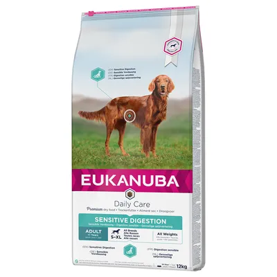 Eukanuba Daily Care Sensitive Digestion, hrană uscată premium pentru câini, potrivită pentru toate rasele și greutățile, adulți de la 1 an, pachet 12 kg.