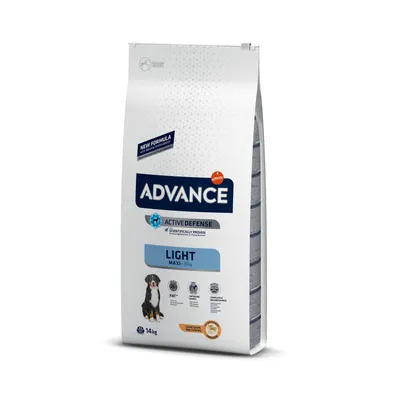 Advance Active Defense Light Maxi +30 kg koiranruoka, 14 kg. Pakkauksessa kuva isosta koirasta ja teksti: New Formula, Chicken, Fat-reduced, Scientifically Proven.