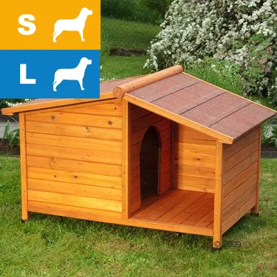 Dřevěná psí bouda s přístřeškem, v levém horním rohu piktogramy psa a text S, L označující dostupné velikosti.