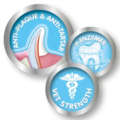 Product features: anti-plaque and anti-tartar, contains enzymes for dental care, vet strength indicated by medical symbol.