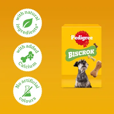 Pedigree Biscrok with highlights: made with natural ingredients, with added calcium, no artificial colourings. Pedigree Biscrok with highlights: made with natural ingredients, with added calcium, no artificial colourings.