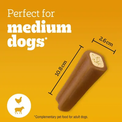 Chew snack, length 10.8 cm, width 2.6 cm. Suitable for medium-sized dogs. Symbols for chicken and sheep. Note: Complementary food for adult dogs.