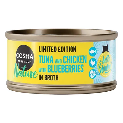 Cosma Pure Love Nature Limited Edition: tonhal és csirke áfonyával lében. Sárga design „Hello Summer” felirattal, hal, csirke és áfonya szimbólumokkal.
