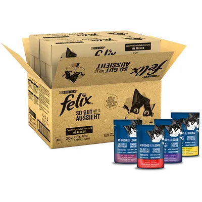 Zbiorcze opakowanie Purina Felix So Gut Wie Es Aussieht, 20 x 100 g w galarecie, smaki: kaczka, wołowina, jagnięcina, kurczak. Widoczne cztery saszetki z różnymi smakami.