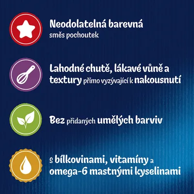 Neodolatelná barevná směs pochoutek, lahodné chutě, lákavé vůně a textury, bez přidaných umělých barviv, s bílkovinami, vitamíny a omega-6 mastnými kyselinami. Text v češtine.